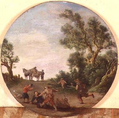 Brigander angriber en rejsende på en bane ved en skov af Esaias II van de Velde
