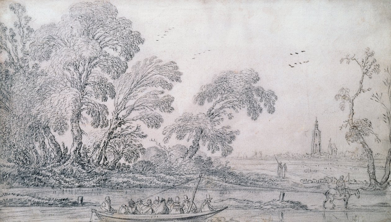 En hestetrukket færge på en kanal, Haag hinsides (sort kridt) af Esaias I van de Velde