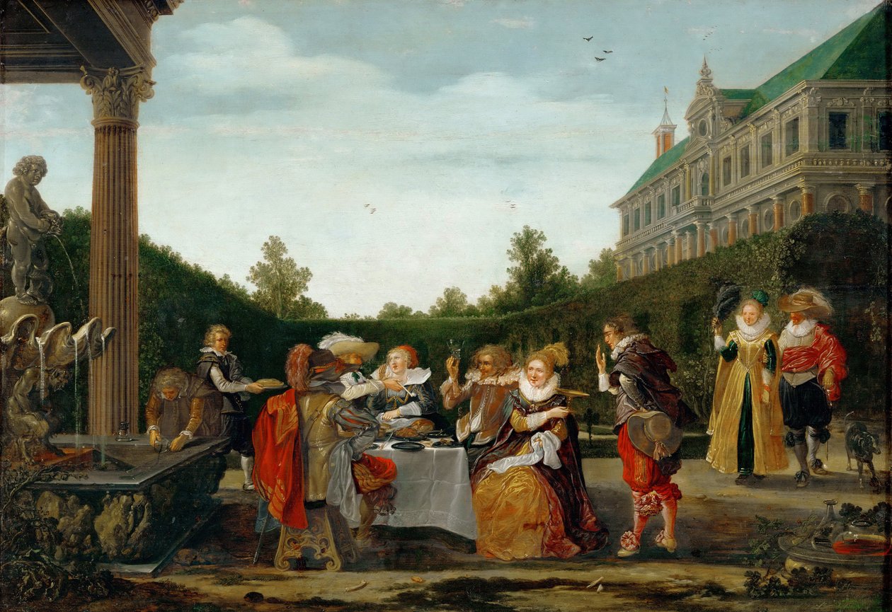 Fest i slotsparken, ved Velde, Esaias, van de (1591-1630). olie på træ af Esaias I van de Velde