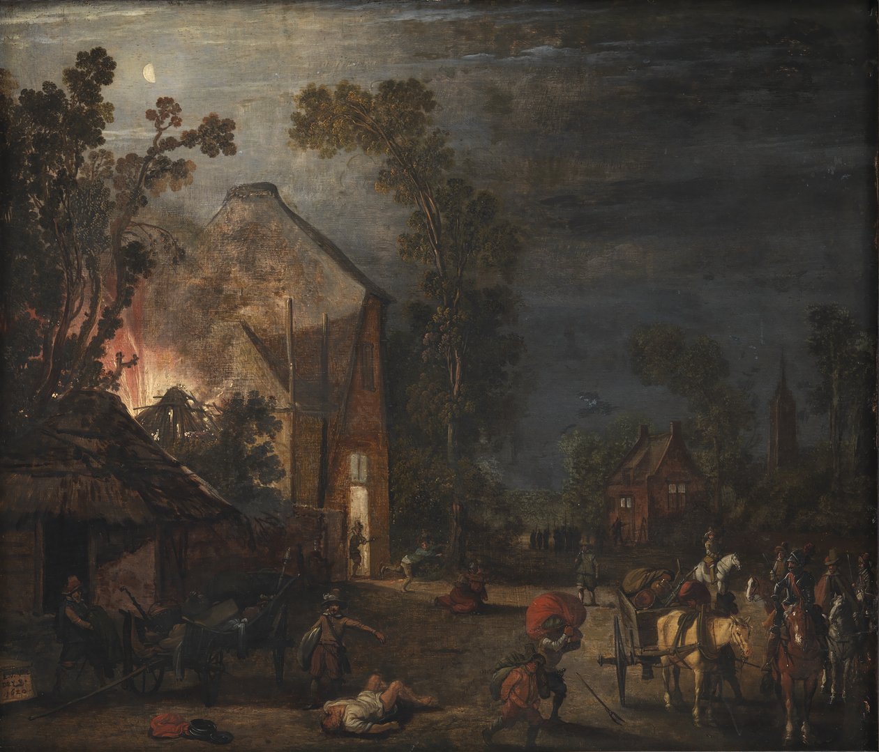 En landsby plyndret om natten af Esaias van de Velde