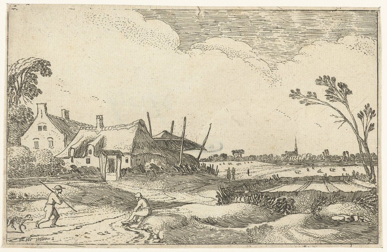 Gård på sti og udsigt over marker Landskabslandskaber (serietitel) af Esaias van de Velde