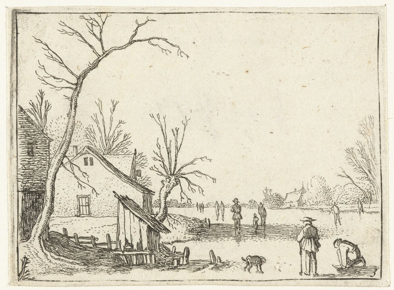 Gård ved frossen flod og skatere på isen Små landskaber (serietitel) af Esaias van de Velde