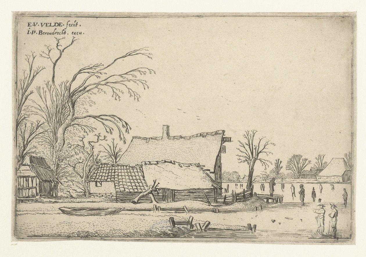 Gård ved frossen flod med skatere Landskabslandskaber (serietitel) af Esaias van de Velde