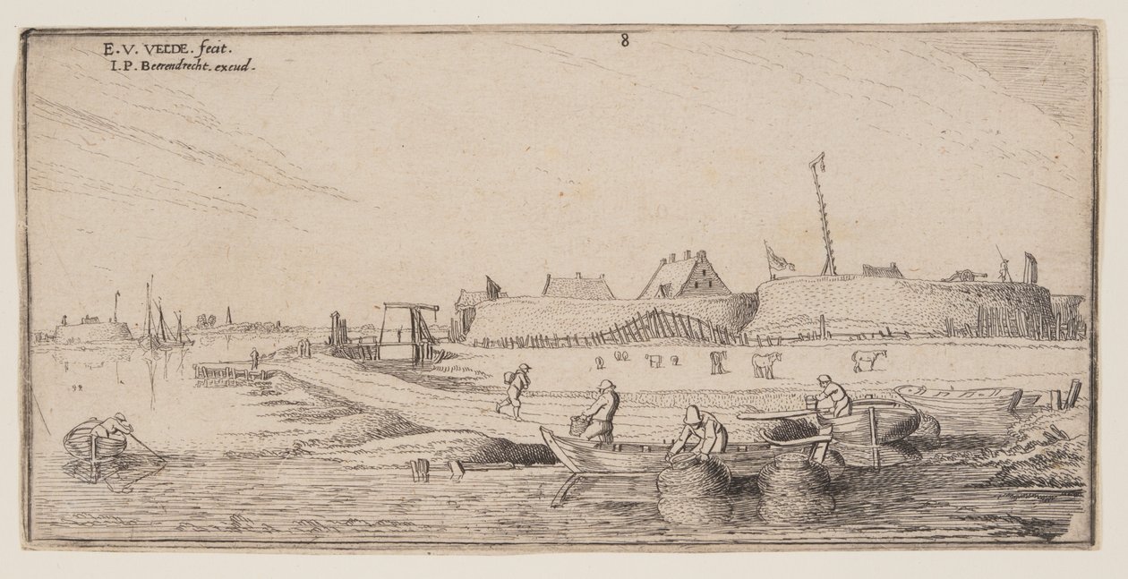 Fiskere i robåde foran en befæstet by, fra Landskaber af Esaias van de Velde