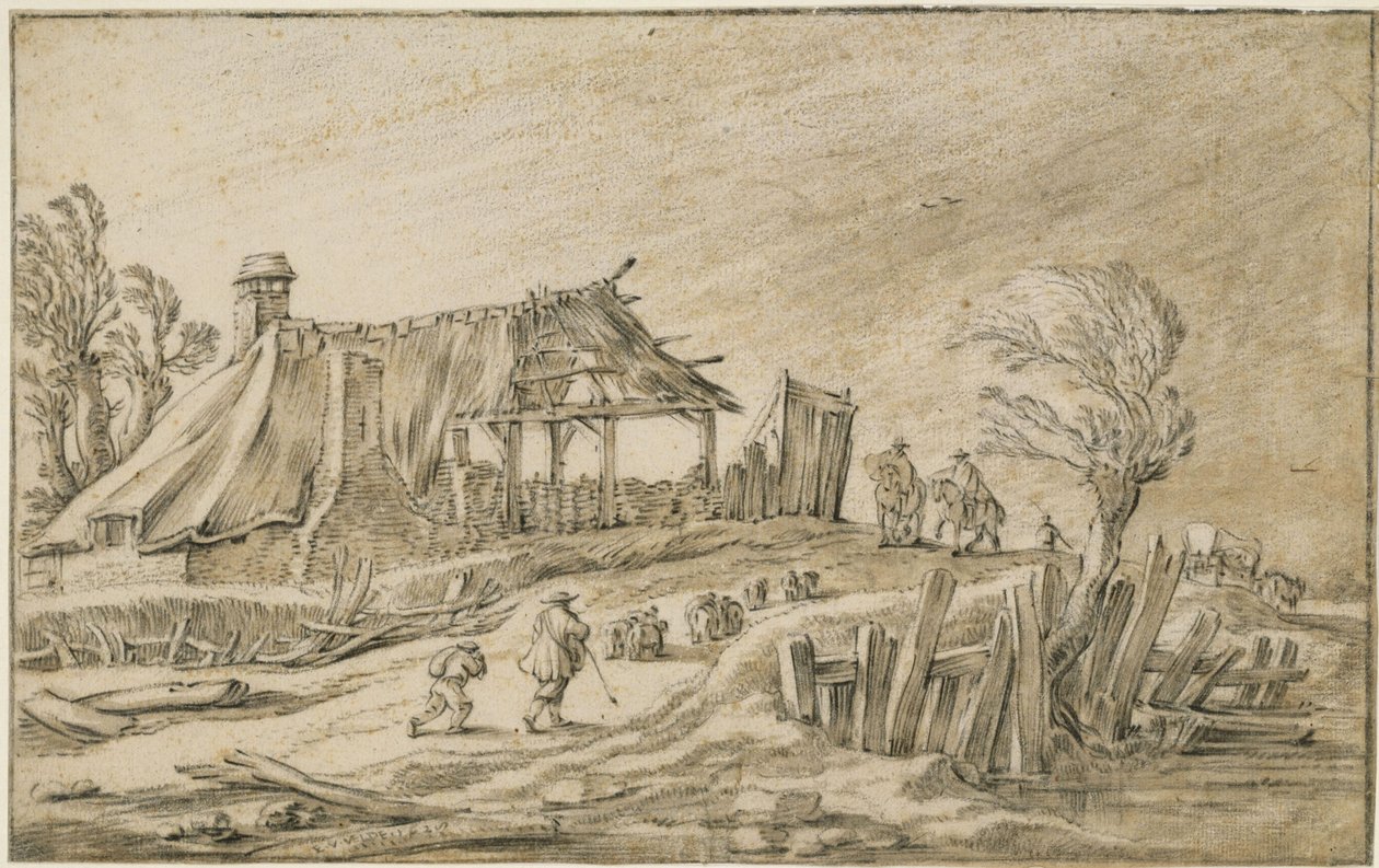 Landvej med en fåreflok og ryttere i regnvejr af Esaias van de Velde