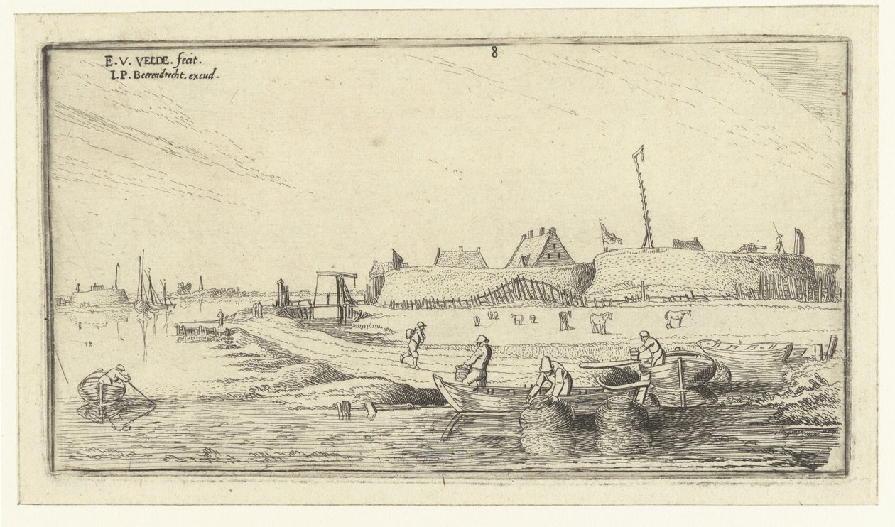 Robåde med fiskere foran en fæstning ved Schelde Landskaber (serietitel) af Esaias van de Velde