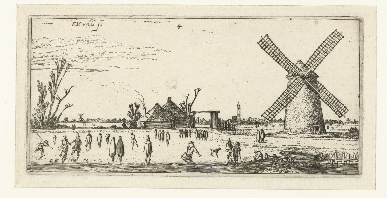 Skatere på isen ved en mølle nær Penningsveer Landskaber (serietitel) af Esaias van de Velde