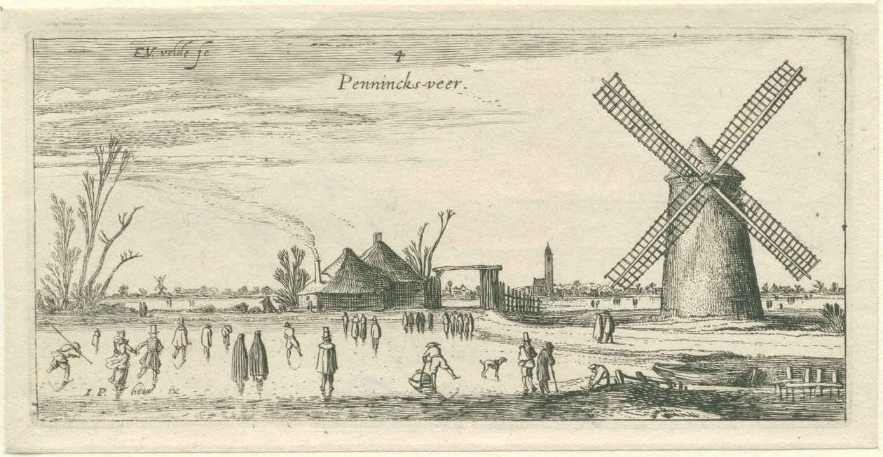 Skatere på isen ved en mølle nær Penningsveer Landskaber (serietitel) af Esaias van de Velde