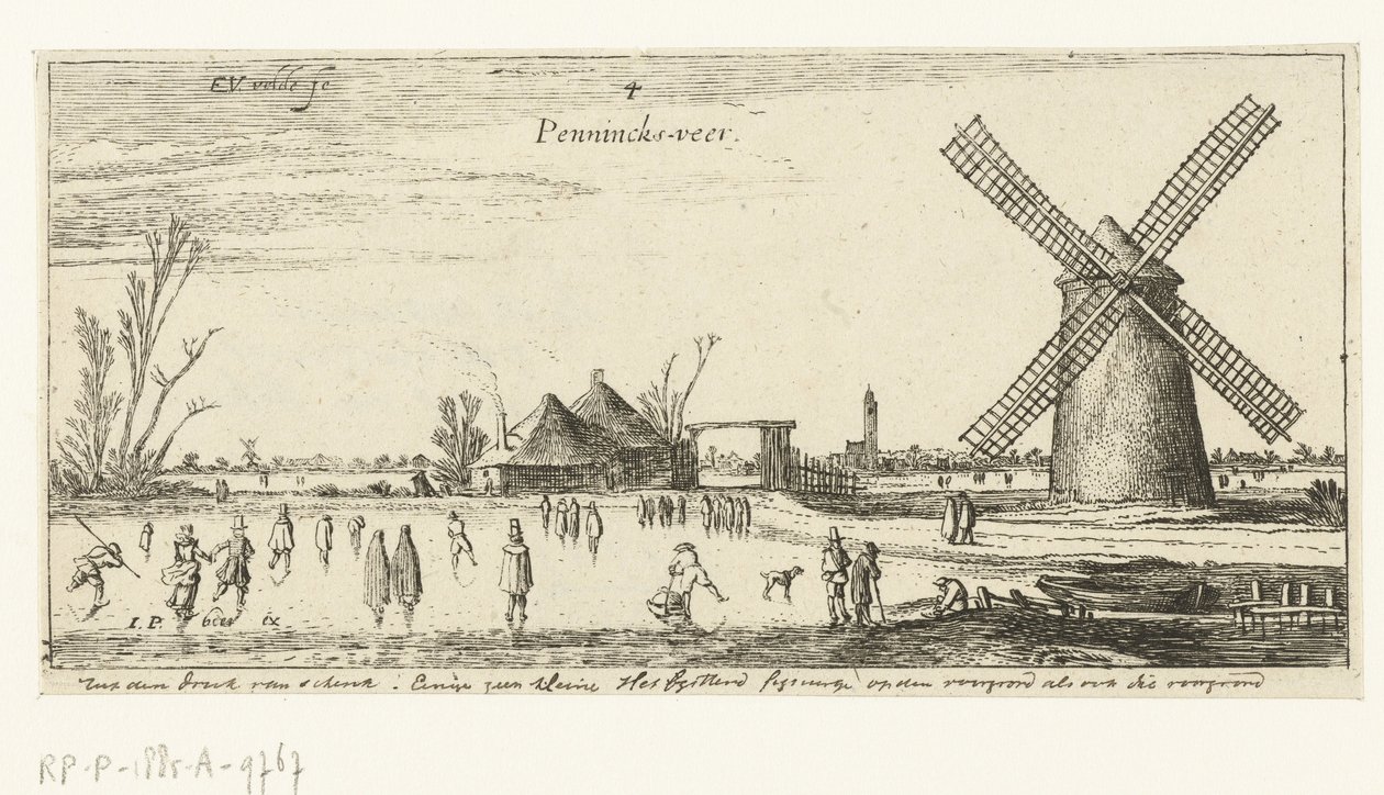 Skatere på isen ved en mølle nær Penningsveer Landskaber (serietitel) af Esaias van de Velde