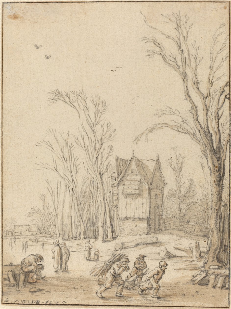 Landsbyboere, der skøjter på en frossen dam af Esaias van de Velde