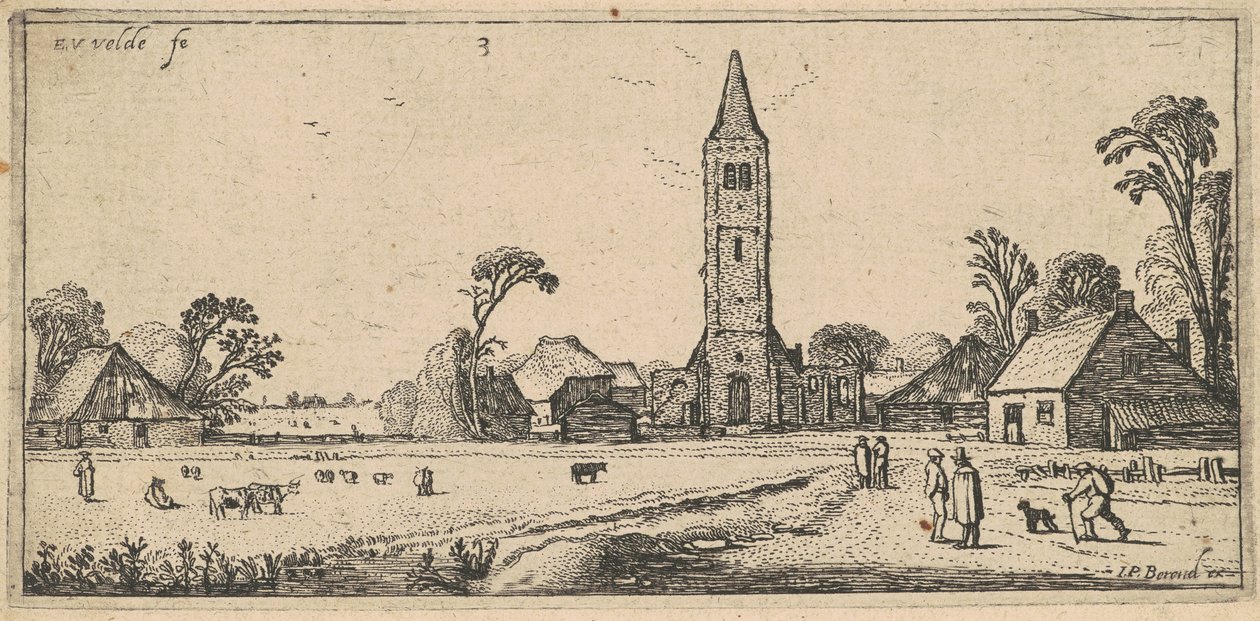 Landskab med en eng og en landsbykirke af Esaias van de Velde I