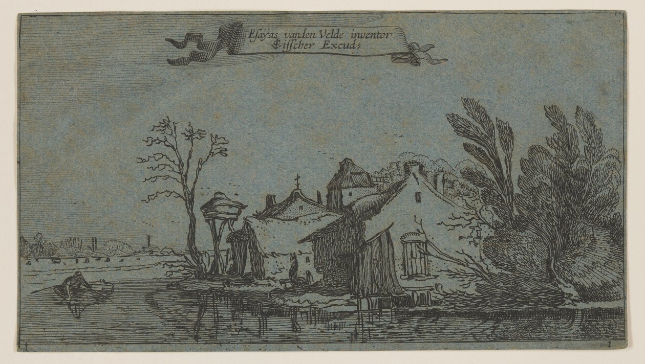 Gård til højre for en flod af Esaias van den Velde I
