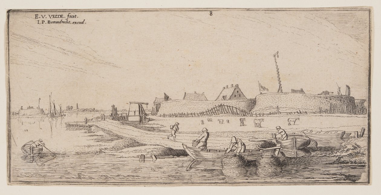 Fiskere i robåde foran en befæstet by, fra Landskaber af Esaias van den Velde I