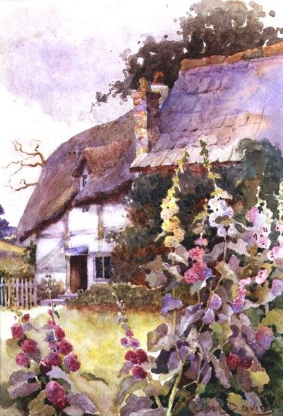 Stokroser udenfor et stråtækt sommerhus (akvarel) af Ethel Davies
