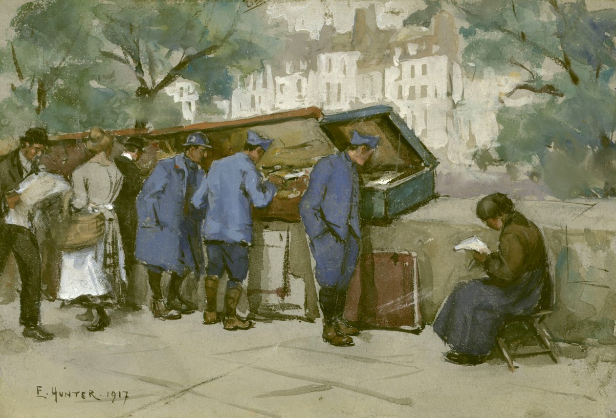 Franske soldater og bouquinister langs Seinen, 1917 (wc på lysegråt papir) af Ethel Hunter