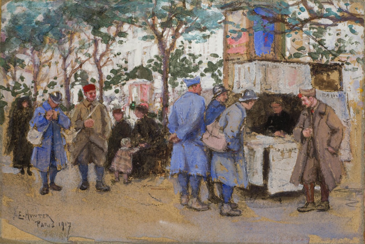 Soldater ved en aviskiosk, Paris, 1917 af Ethel Hunter
