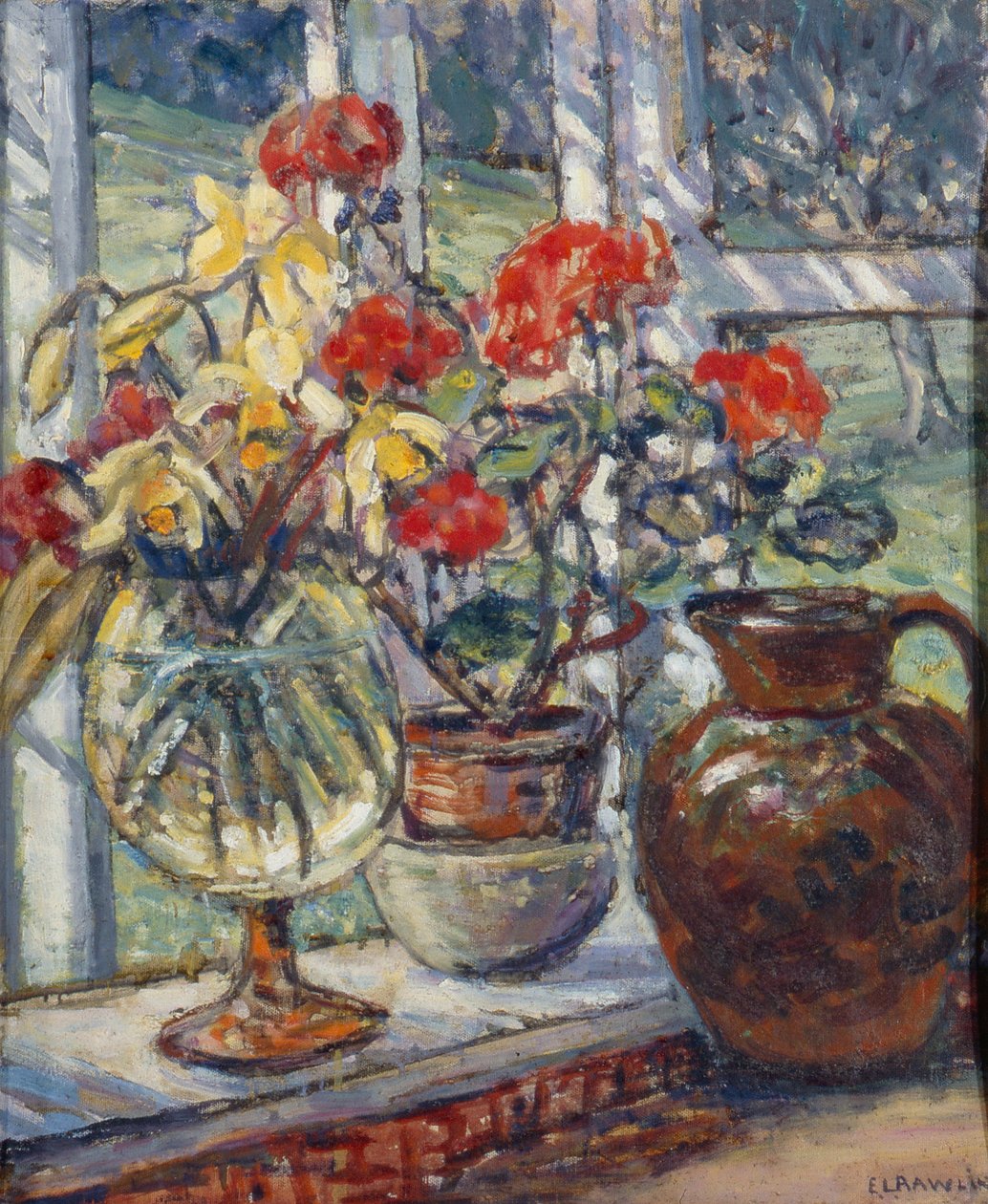 Geranier (olie på lærred) af Ethel Louise Rawlins