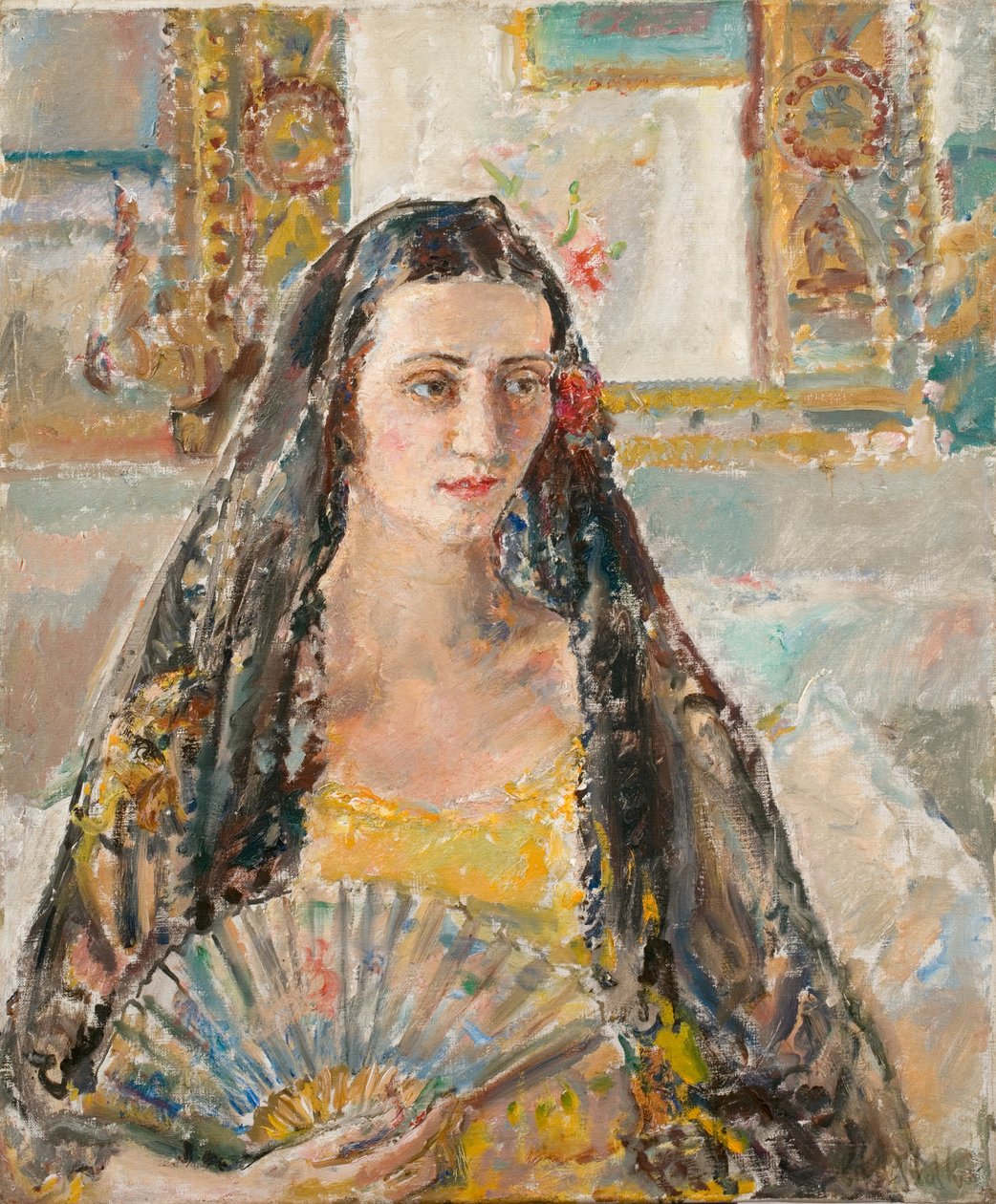 Dame med vifte, exh. 1926 (olie på lærred) af Ethel Walker
