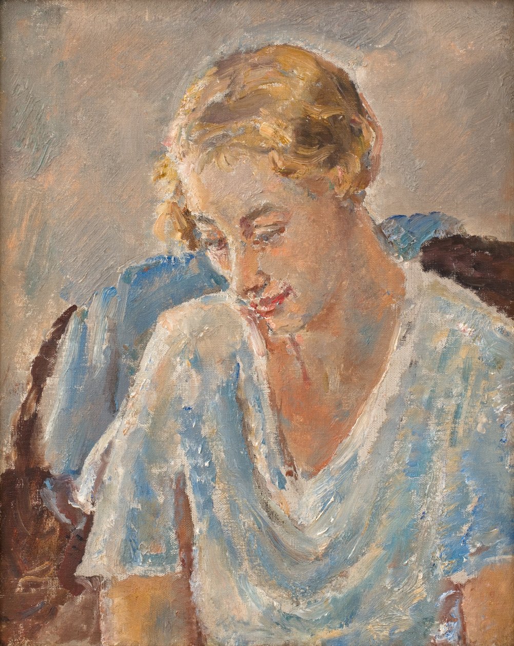 Portræt af en kvinde i blåt (olie på lærred) af Ethel Walker