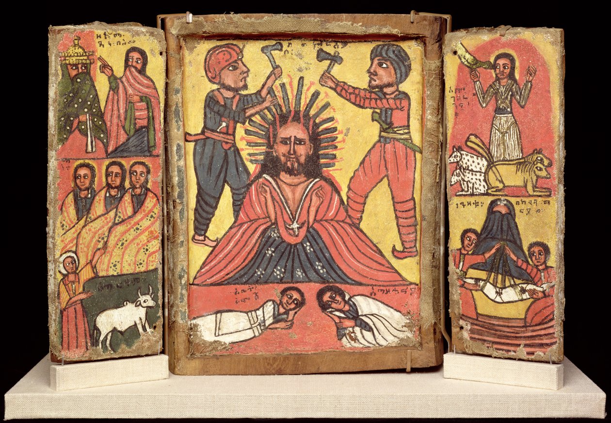 Dobbelt triptykon, Amhara-kultur (gesso og pigment på linned) (se også 212138) af Ethiopian School