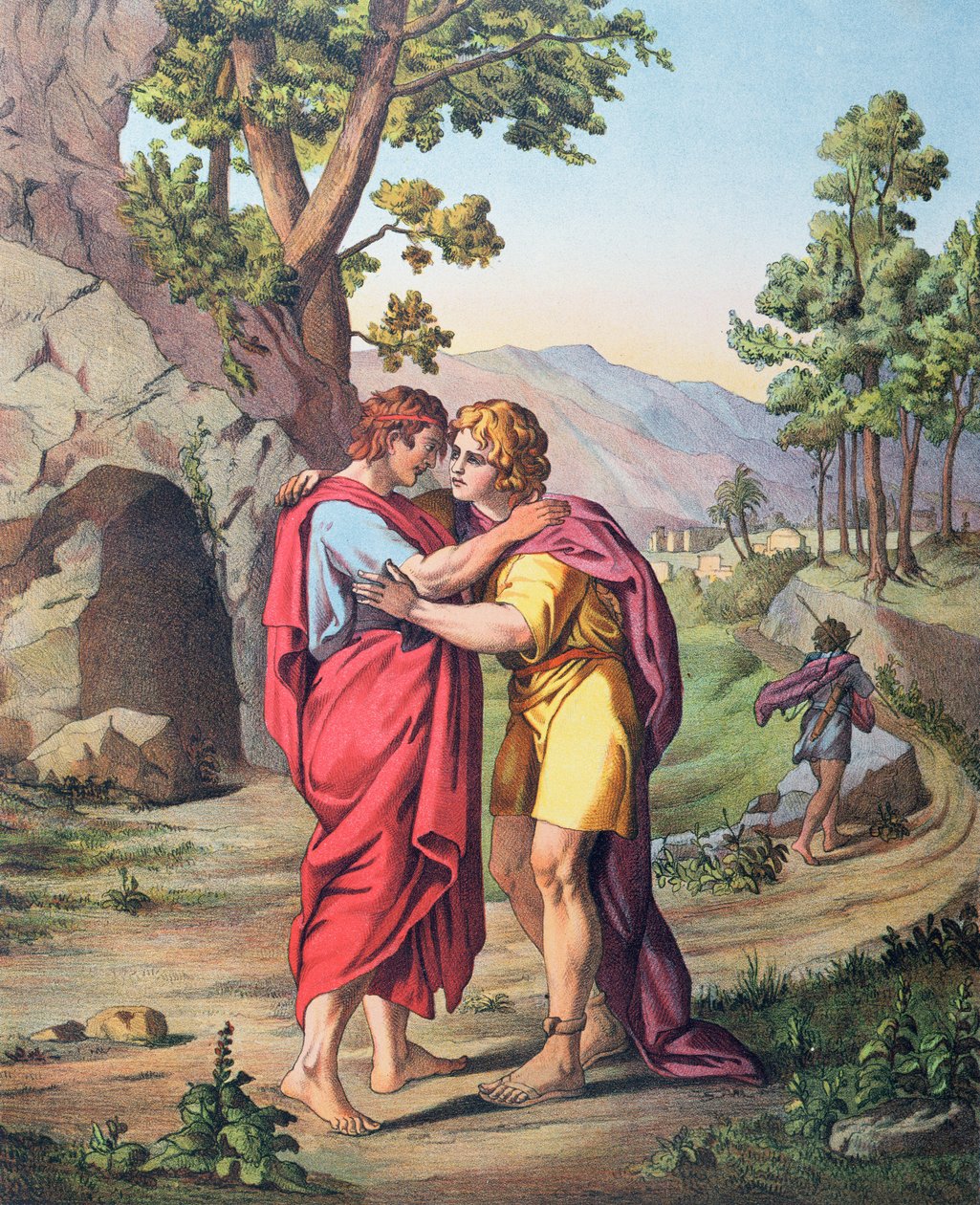 Davids og Jonatans afsked, illustration fra en katekismus, ca.1860 af Etienne Antoine Eugene Ronjat