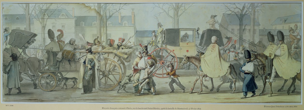 Sårede franske soldater kommer ind i Paris på Boulevard Saint-Martin efter slaget ved Montmirail, 17. februar 1814 (pen og blæk og wc på papir) af Etienne Jean Delecluze