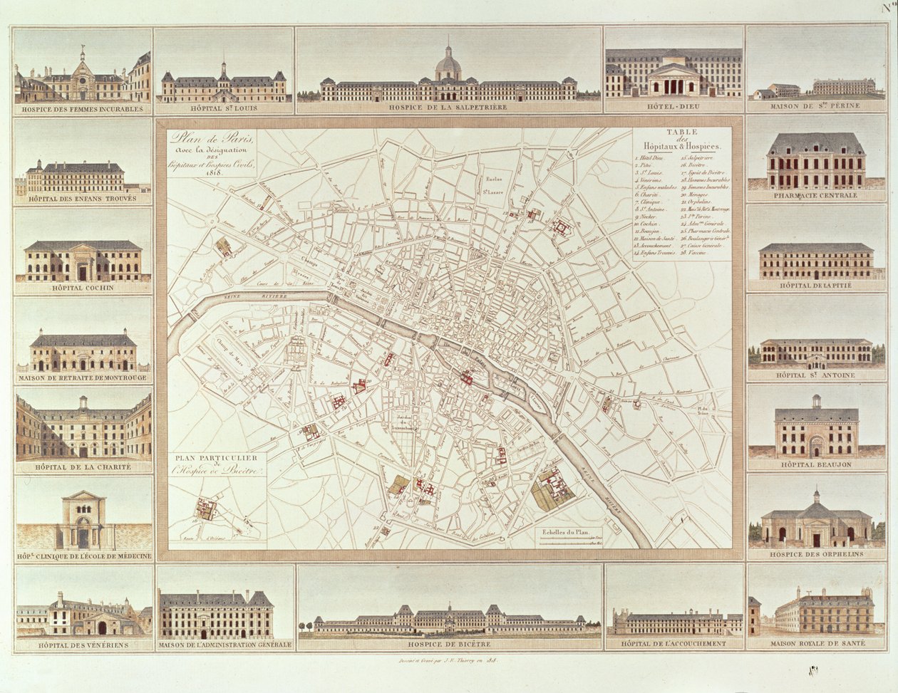 Plan over Paris med angivelse af civile hospitaler og hjem, 1818, udgivet i 1820 af Etienne Jules Thierry