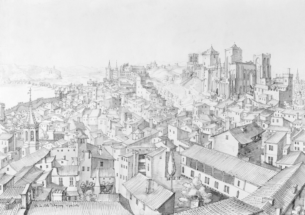 Udsigt over byen Avignon og dens omgivelser (pen og blækvask på papir) af Etienne Martellange