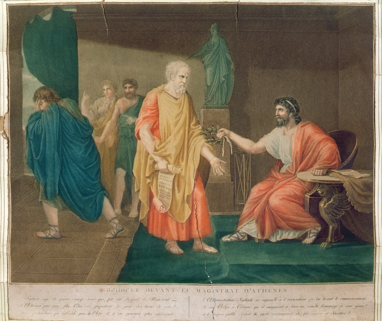 Sofokles (ca. 496-405 f.Kr.) i en alder af 83 bliver hædret med en olivenkrans af den athenske magistrat (farvestik) af Etienne Barthelemy Garnier