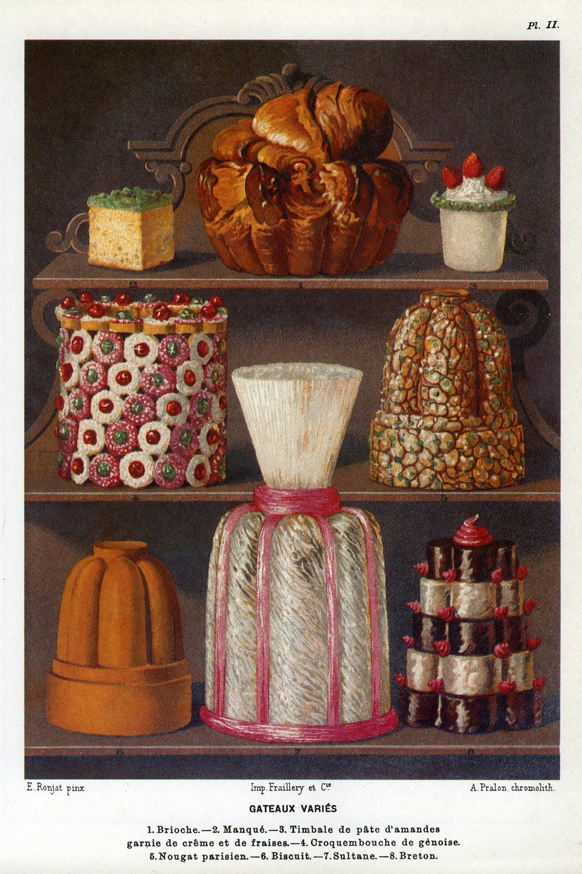 Kager varierer: brioche, mangel, pauker af mandelmasse toppet med fløde og jordbær, croquenbouche de genoise, parisisk nougat, kiks, sultan, bretonsk - tallerken nr. 2 fra konditoribogen af Jules Gouffe, officer de bouche du Jockey-Club de Paris (kap af Etienne (after) Ronjat