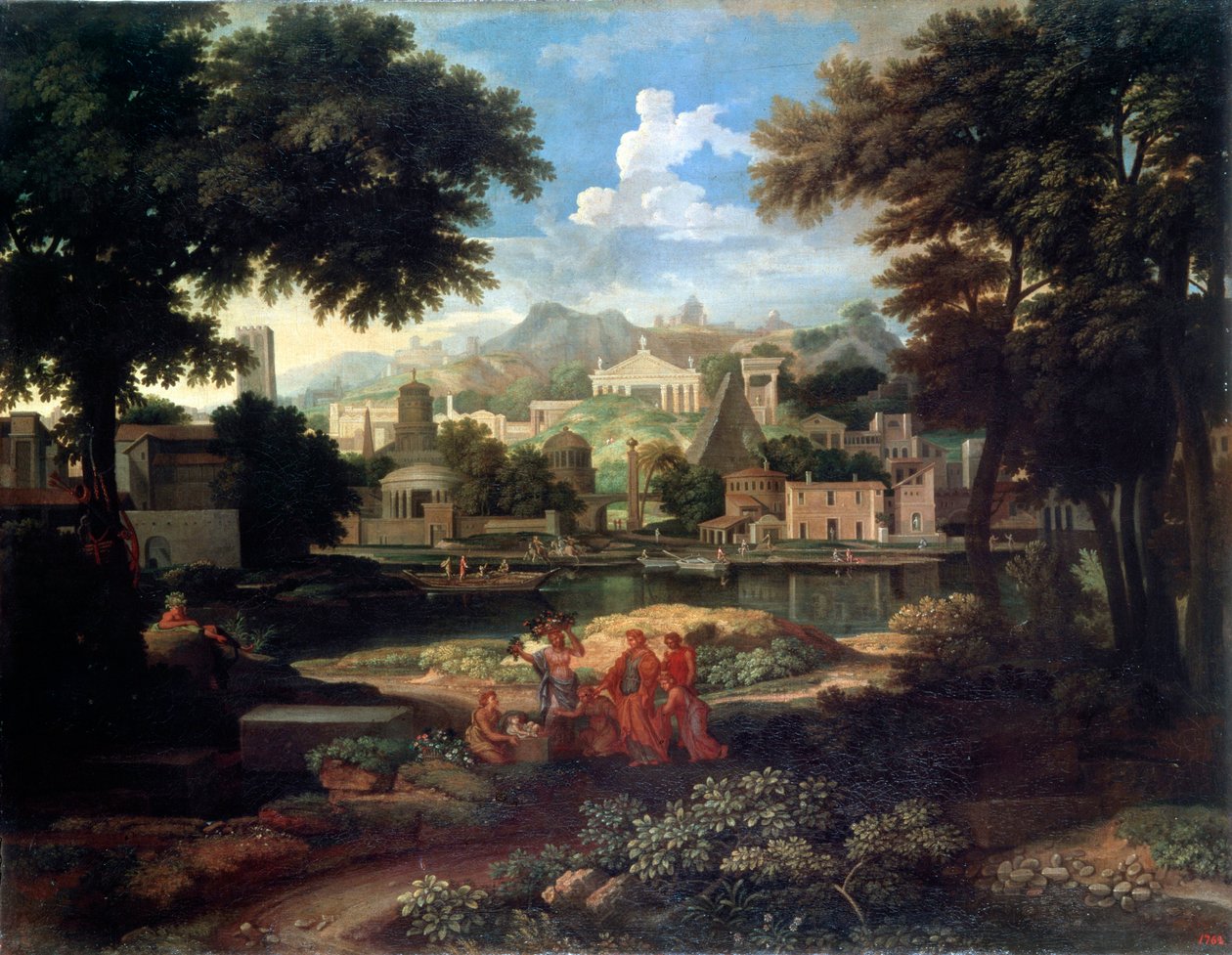 Landskab med Moses reddet fra Nilen, slutningen af det 17. eller 18. århundrede af Etienne Allegrain
