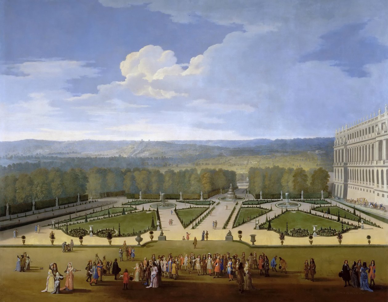 Ludvig XIV og hans hof på en promenade i Versailles haver af Etienne Allegrain