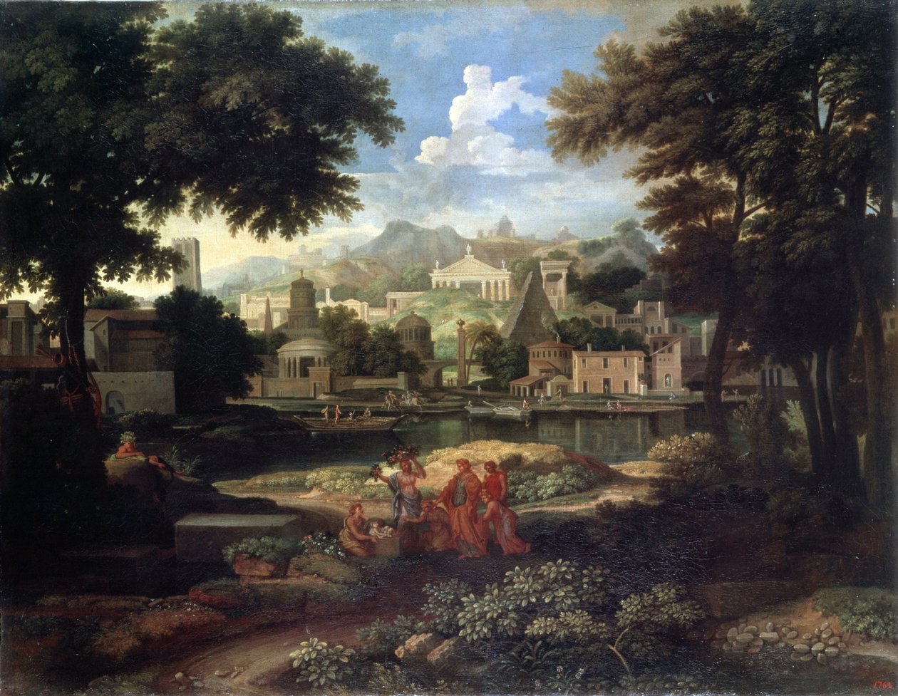 ""Landskab med Moses reddet fra Nilens vande"" (Landskab med Moses reddet fra Nilen) Maleri af Etienne Allegrain (1653-1736) Eremitagemuseet, Sankt Petersborg. af Etienne Allegrain