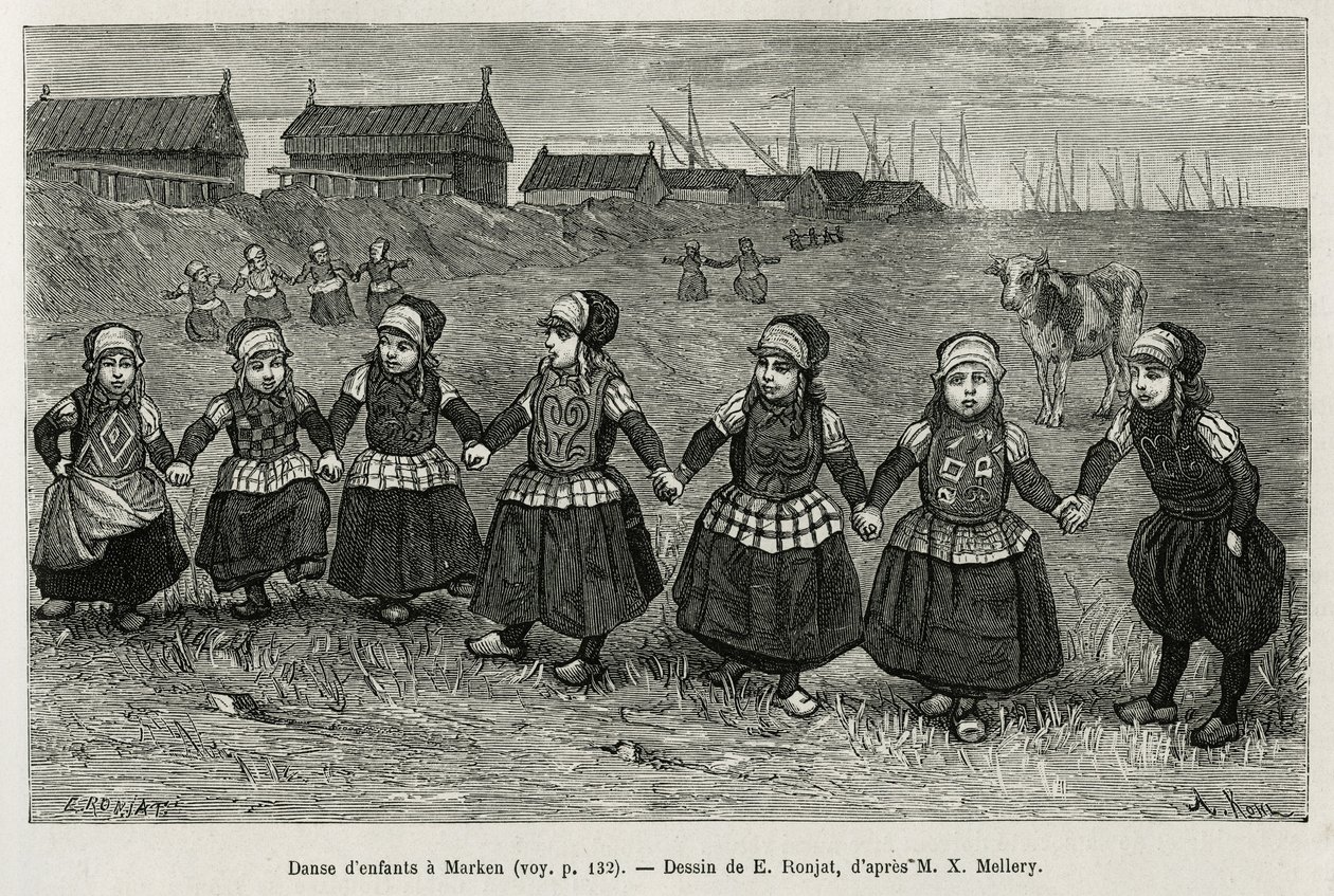 Børnedanse i Marken (Holland), gravering efter en tegning af E. Ronjat, for at illustrere historien om Neerlande, af Charles de Coster, i 1878, udgivet i tour du monde, under ledelse af Edouard Charton af Etienne Antoine Eugene Ronjat
