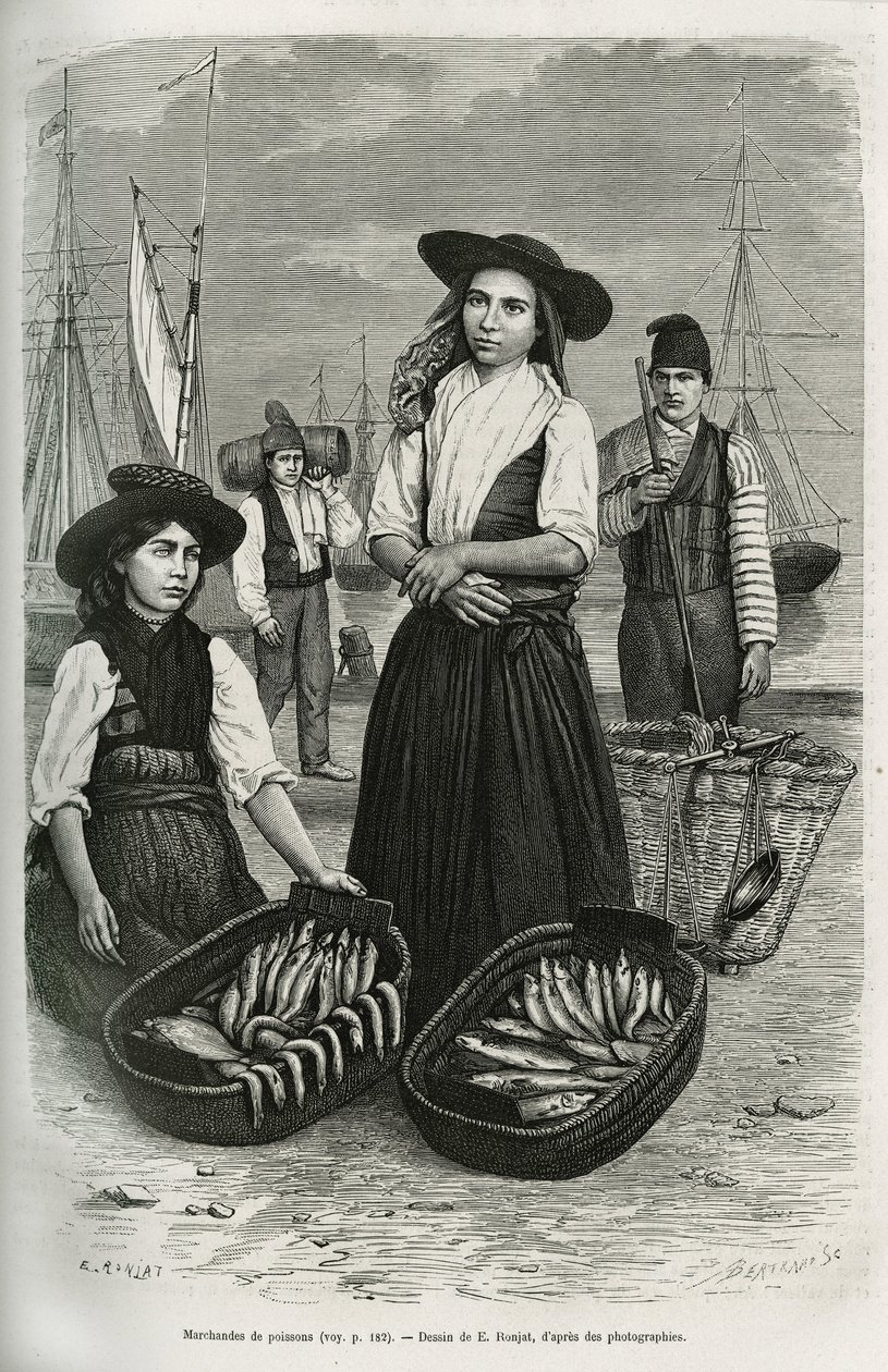 Fiskehandlere, iført det traditionelle damekostume: kort nederdel og plisseret, overdel med sølvknapper, dækket med en bred sort filthat. Indgravering af E.Ronjat, for at illustrere historien en uge i Lissabon, af Jules Leclercq, udgivet i Tour du af Etienne Antoine Eugene Ronjat