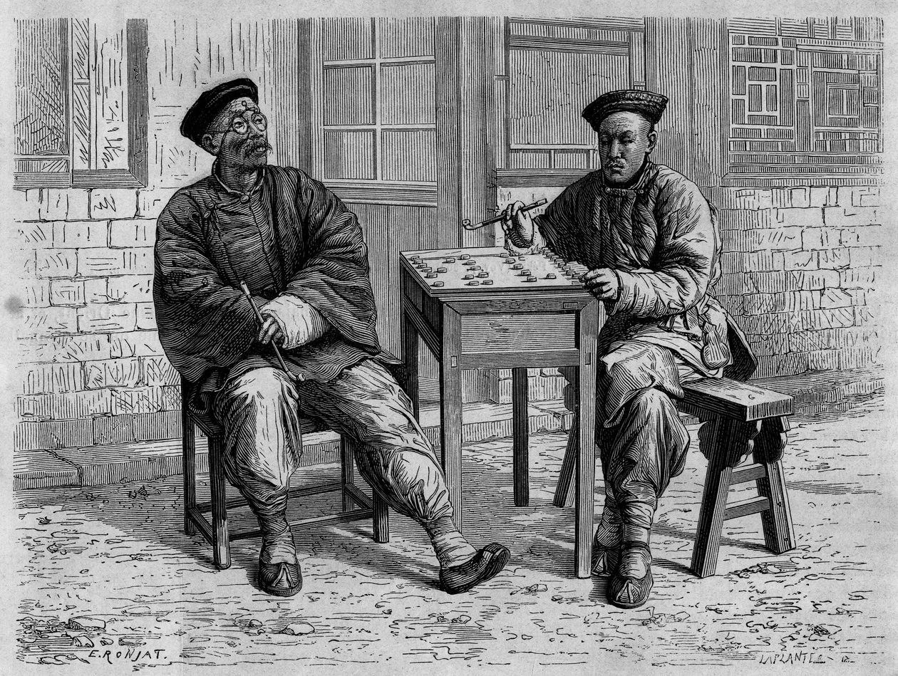 Gå spillere i gaderne i Pekin (Beijing) i det 19. århundrede. Gravering efter en tegning af Ronjat, efter et fotografi af doktor Morache, i "Le Tour du Monde, Nouveau journal des Voyages", redigeret af Edouard Charton, Paris af Etienne Antoine Eugene Ronjat