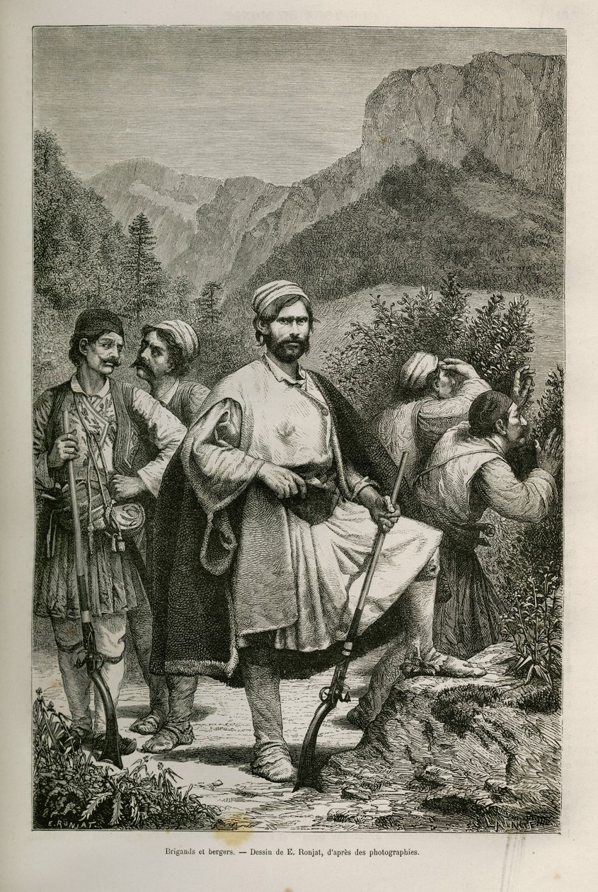 Græske soldater og hyrder, medskyldige i bjergene, tegning af E.Ronjat, for at illustrere historien om Henri Belle: Rejsen til Grækenland af Etienne Antoine Eugene Ronjat