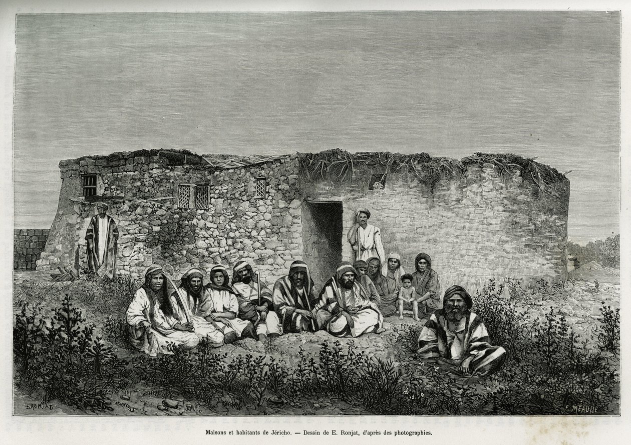 Huse og indbyggere i Jeriko (Vestbredden). Indgravering af E.Ronjat, for at illustrere historien om Syrien i dag, af M.Lortet, dekan ved det medicinske fakultet i Lyon, med ansvar for en videnskabelig mission af Ministeriet for Offentlig Undervisning, offe af Etienne Antoine Eugene Ronjat
