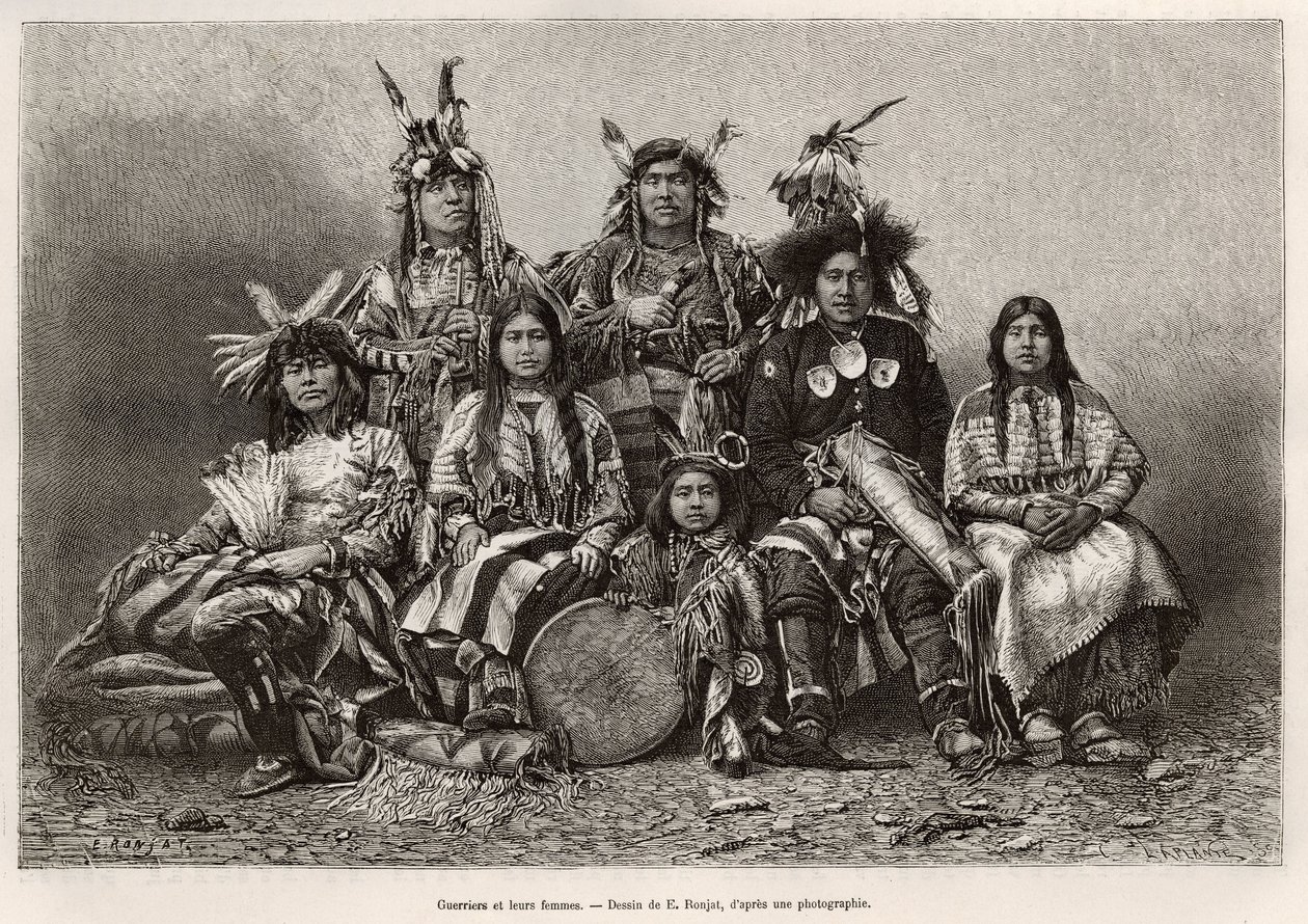 Indiske krigere og deres koner (Texas). Gravering efter tegningen af E.Ronjat, for at illustrere historien La conquete blanche, af William Hepworth Dixon, i 1875, udgivet i "" Le tour du monde""" 1876, redigeret af Edouard Charton, Hachette-udgaven, Paris. af Etienne Antoine Eugene Ronjat