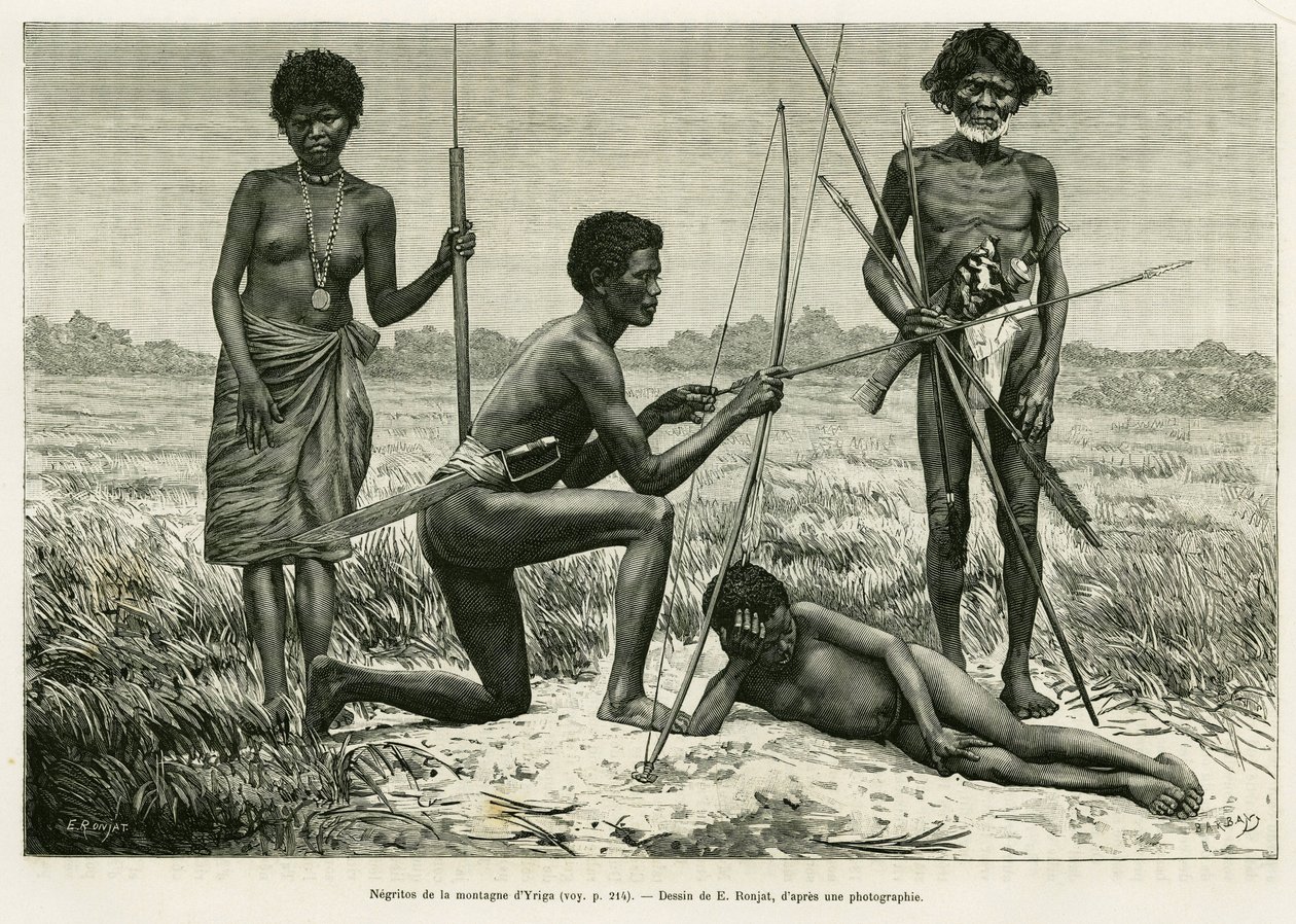 Negritos fra Yriga-bjerget. Gravering af E.Ronjat for at illustrere historien Lucon og Palaouan, seks år i Filippinerne, af Alfred Marche (1844-1898), i le tour du monde 1886, instrueret af Edouard Charton (1807-1890), Hachette, Paris. af Etienne Antoine Eugene Ronjat