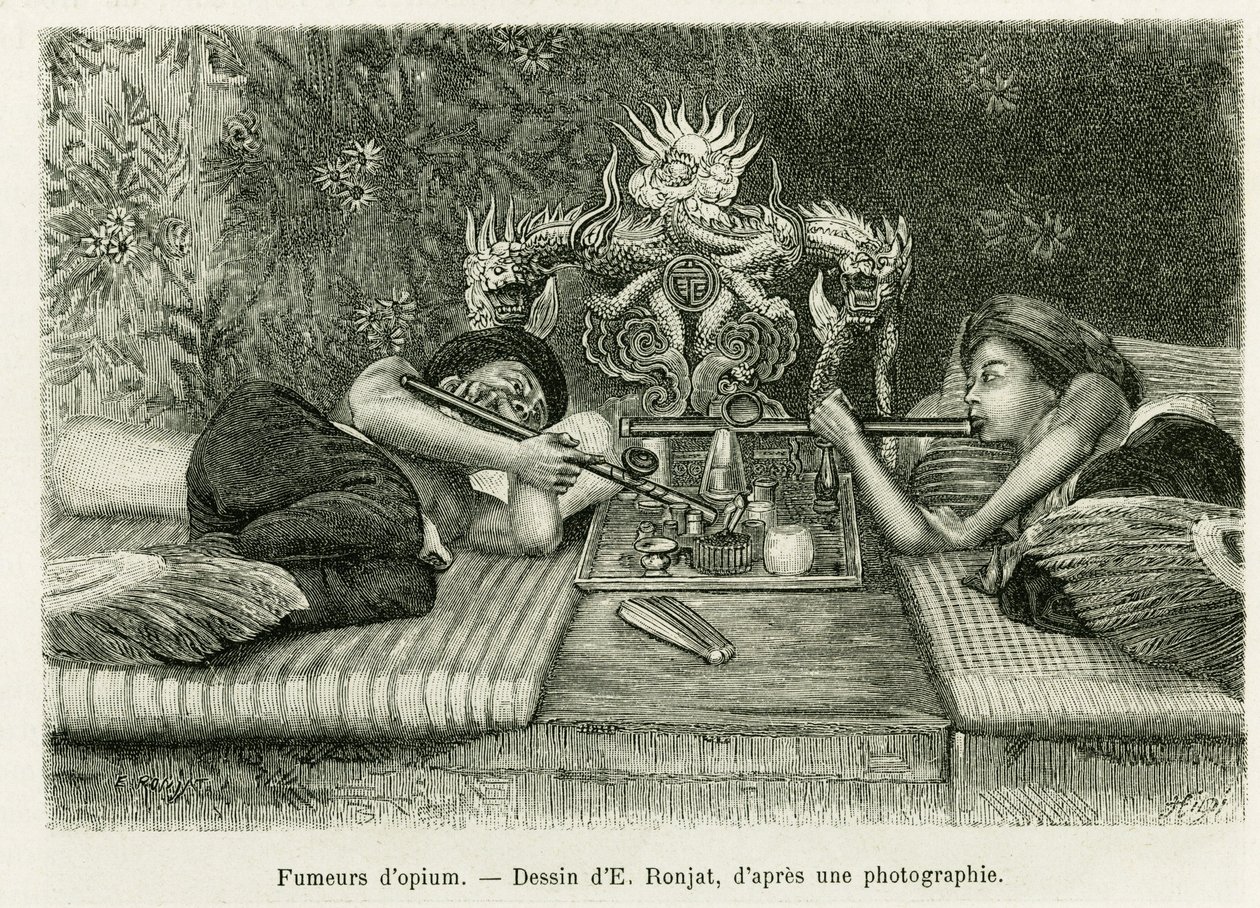 Opium rygere. Gravering af E.Ronjat, efter et fotografi, for at illustrere historien Trente mois au Tonkin i 1884, af Doctor Hocquard, i le tour du monde 1889, instrueret af Edouard Charton (1807-1890), Hachette, Paris. af Etienne Antoine Eugene Ronjat
