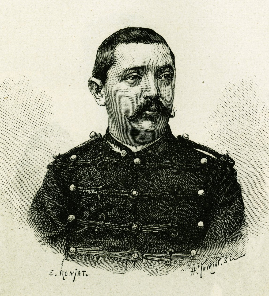 Portræt af kaptajn Pietri, af flådeartilleriet, under ekspeditionen til Afrika 1879-1882, under kommando af Gallieni. Gravering af E. Ronjat, fra et fotografi, for at illustrere historien "Exploration du Haut Niger (Haut Niger)" (nuværende Mali) af af Etienne Antoine Eugene Ronjat