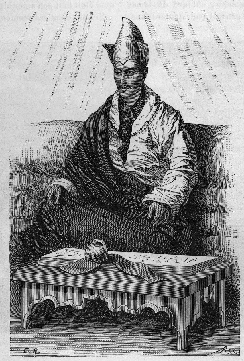 Portræt af "" Khutukcha", en ypperstepræst i Tibet i årene 1870-1880. Gravering efter en tegning af Ronjat, i "" Le Tour du Monde, Nouveau journal des Voyages", redigeret af Edouard Charton, Paris af Etienne Antoine Eugene Ronjat