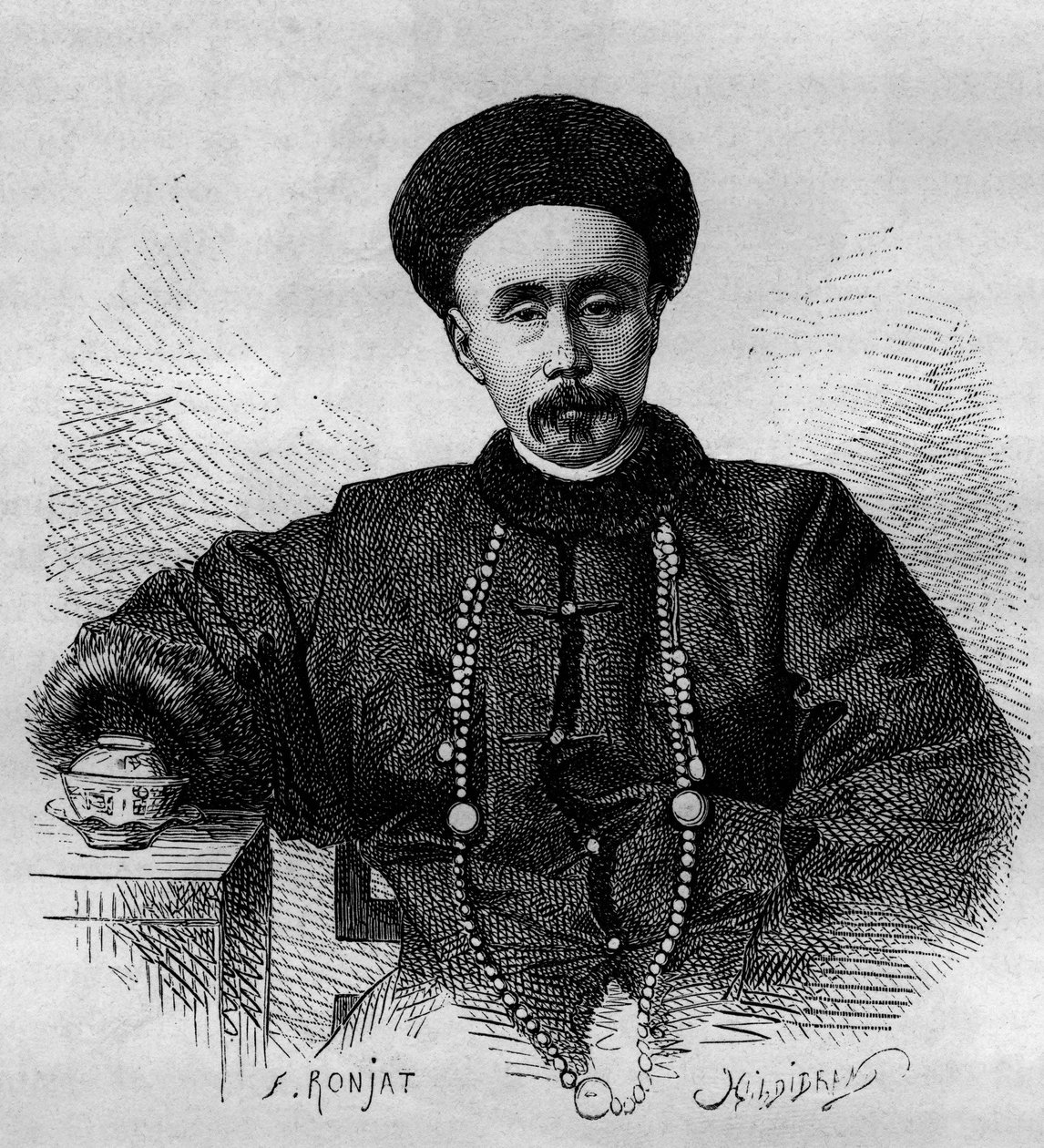 Portræt af Li Hongzhang (1832-1901), kinesisk general og vicekonge (vicekonge) af Zhili fra 1871 til 1895 og fra 1900 til 1901. Indgravering fra en tegning af Ronjat, fra et fotografi af Thomson, i "" Le Tour du Monde, Nouveau journal des Voyages””, redige af Etienne Antoine Eugene Ronjat