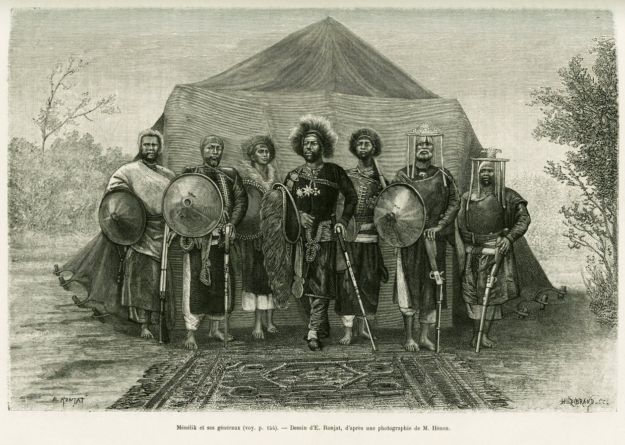 Portræt af prins Menelik II af Etiopien (1844-1913), omgivet af hans generaler. Gravering af Ronjat, efter et fotografi, for at illustrere historien Voyage au Choa (Abyssinie meridionale) af Etienne Antoine Eugene Ronjat