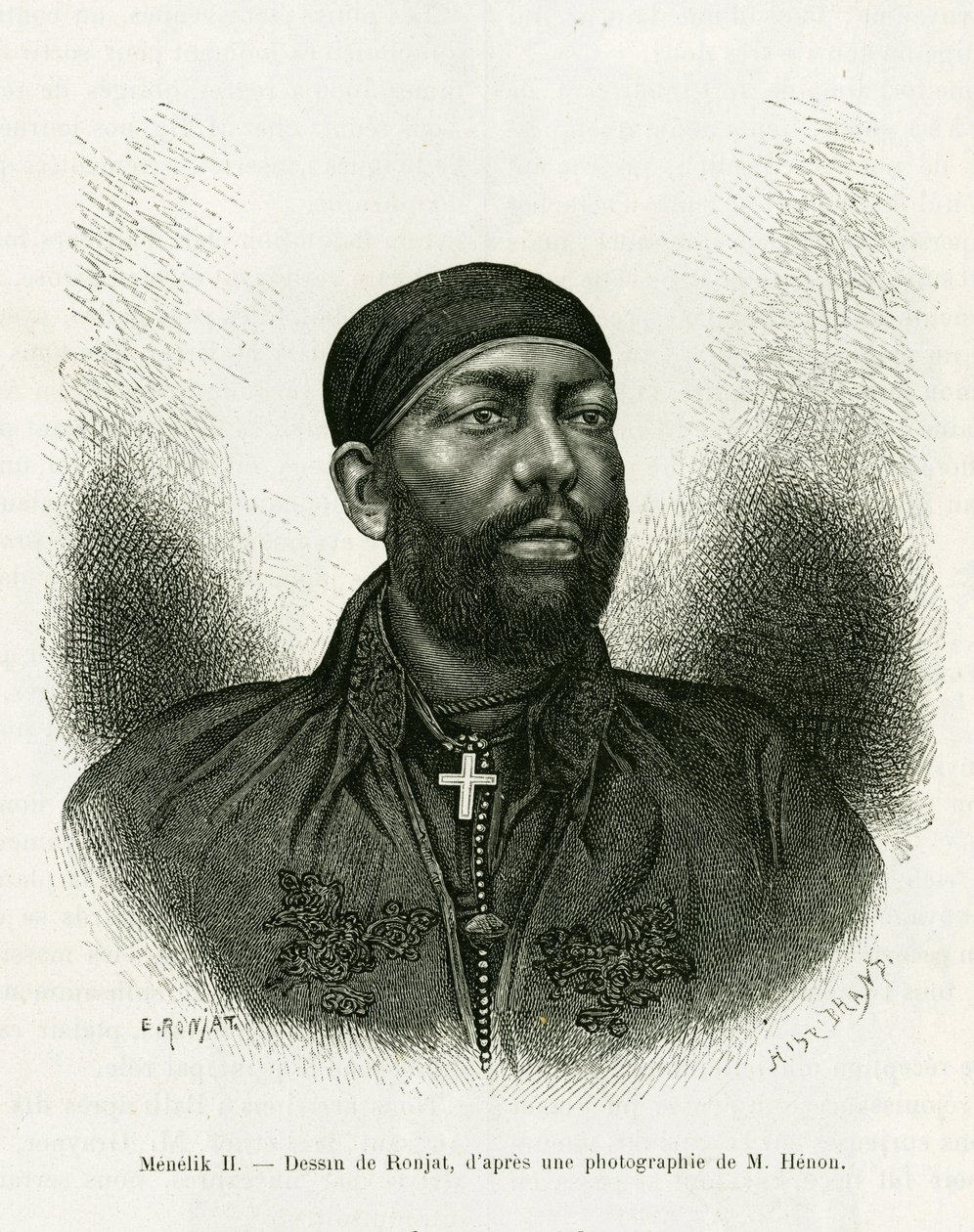 Portræt af prins Menelik II af Etiopien (1844-1913). Gravering af Ronjat, efter et fotografi, for at illustrere historien Voyage au Choa (Abyssinie meridionale) af Etienne Antoine Eugene Ronjat