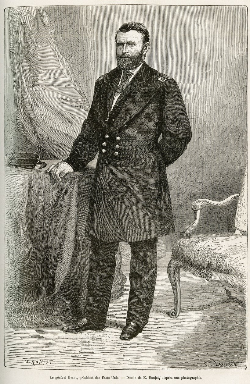 Portræt af Ulysses Grant (1822-1885), amerikansk general, leder af unionstropper under løsrivelseskrigen og 18. præsident for USA (USA) i to valgperioder fra 1869 til 1877. Indgravering efter tegningen af E.Ronjat, til illustrere stoen af Etienne Antoine Eugene Ronjat