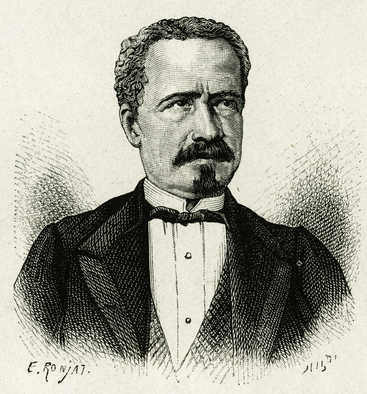 Portræt af Ecuadors præsident fra 1875 til 1876, Don Antonio Borrero. Gravering af E.Ronjat, efter et fotografi, for at illustrere historien "The Equinoxiale America"" af Etienne Antoine Eugene Ronjat
