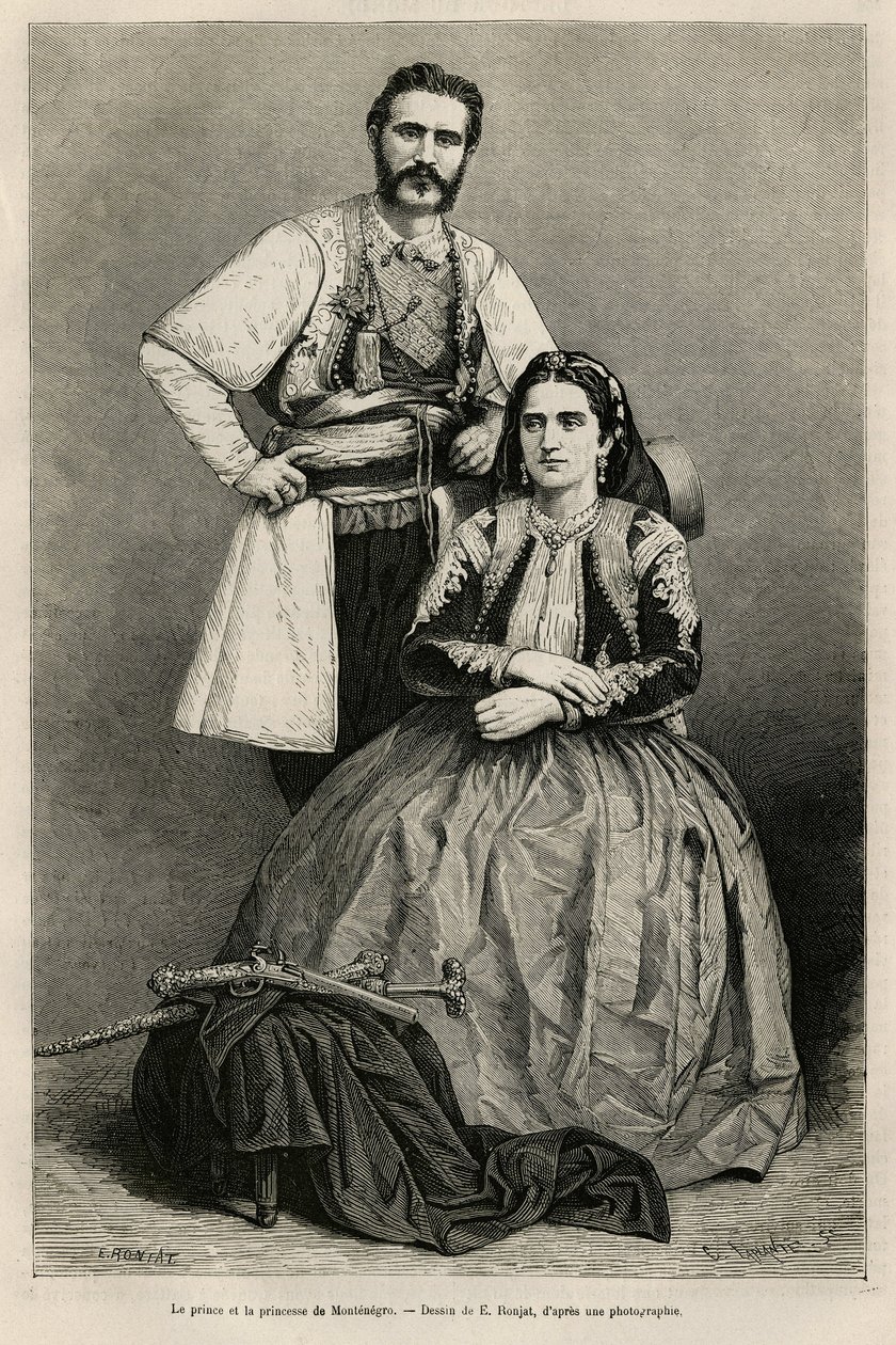 Portrætter af prinsen af Montenegro Nicholas I Petrovicz Niegosch (1841-1921) og hans kone, Milena, født Voukovich (1847-1923), tegning af E.Ronjat, for at illustrere rejsen til Montenegro, i 1874, af Charles Yriarte (1832) -1898). Gravering i Le tour du af Etienne Antoine Eugene Ronjat