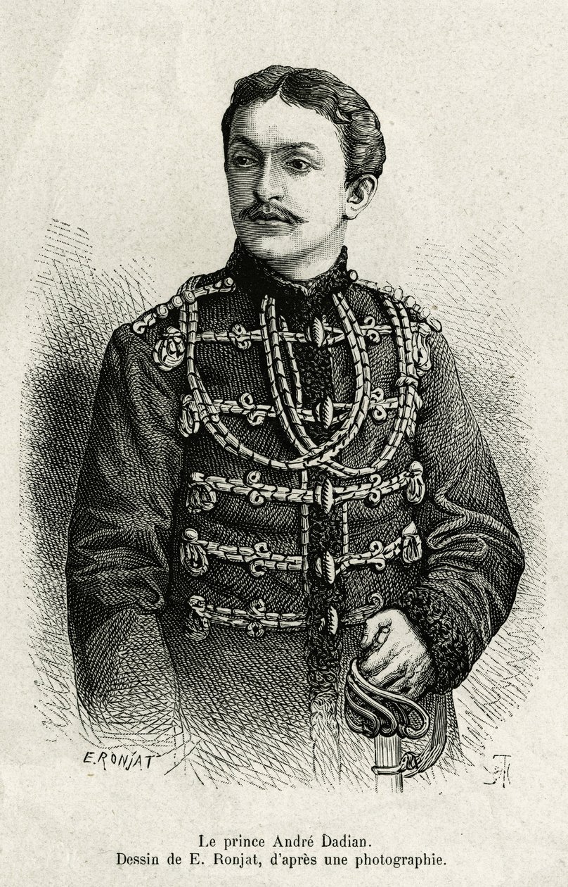 Prins Andre Dadian af Mingrelie (1850-1910), general for den russiske hær og skakmester. Indgravering af E. Ronjat, for at illustrere historien Un tour en Mingrelie (region i Georgien, der strækker sig mellem Kaukasus og Rion), af Carla Serena, i 1876-187 af Etienne Antoine Eugene Ronjat